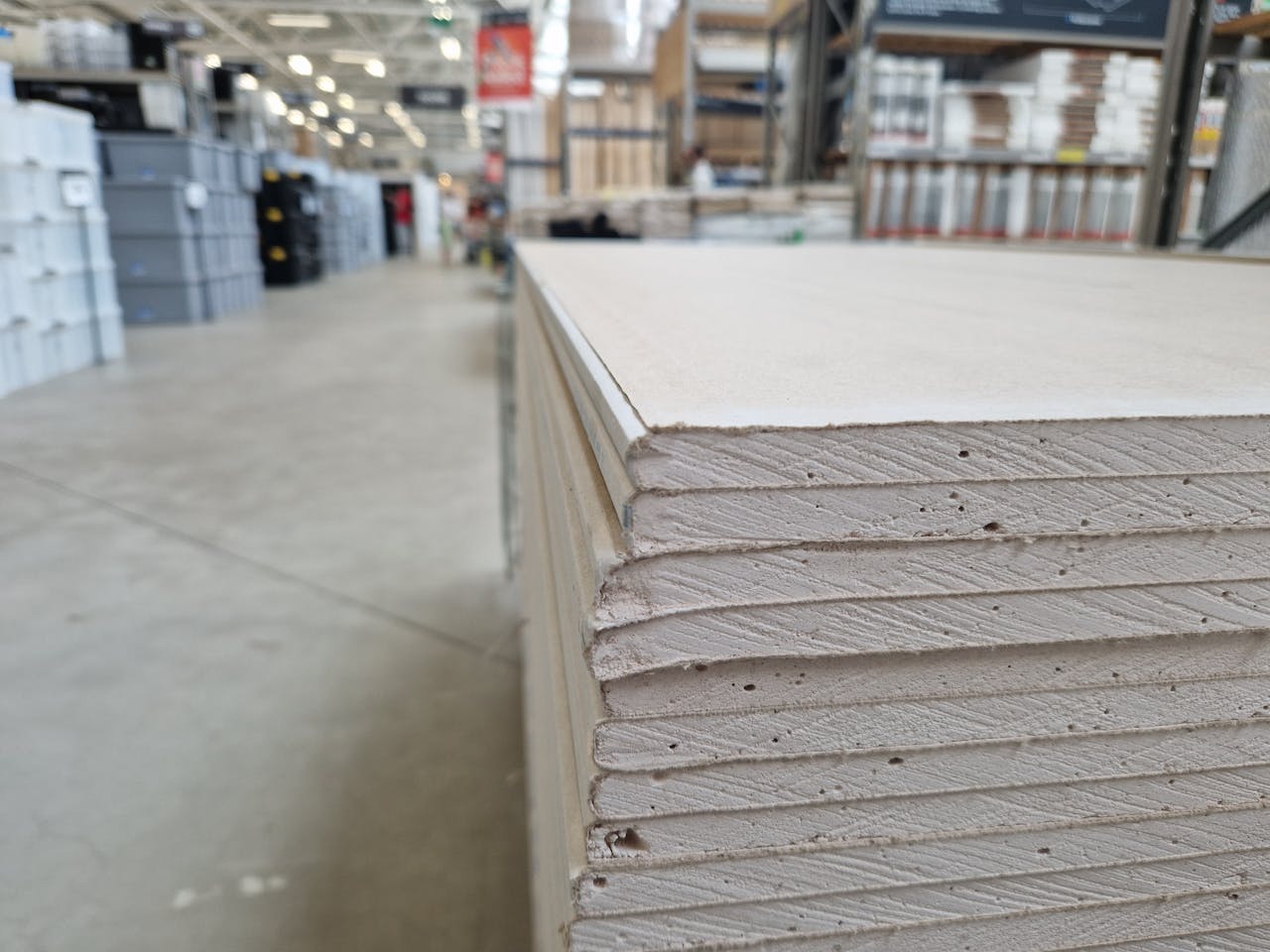 Close-up of drywall sheets stacked in a large warehouse in London.